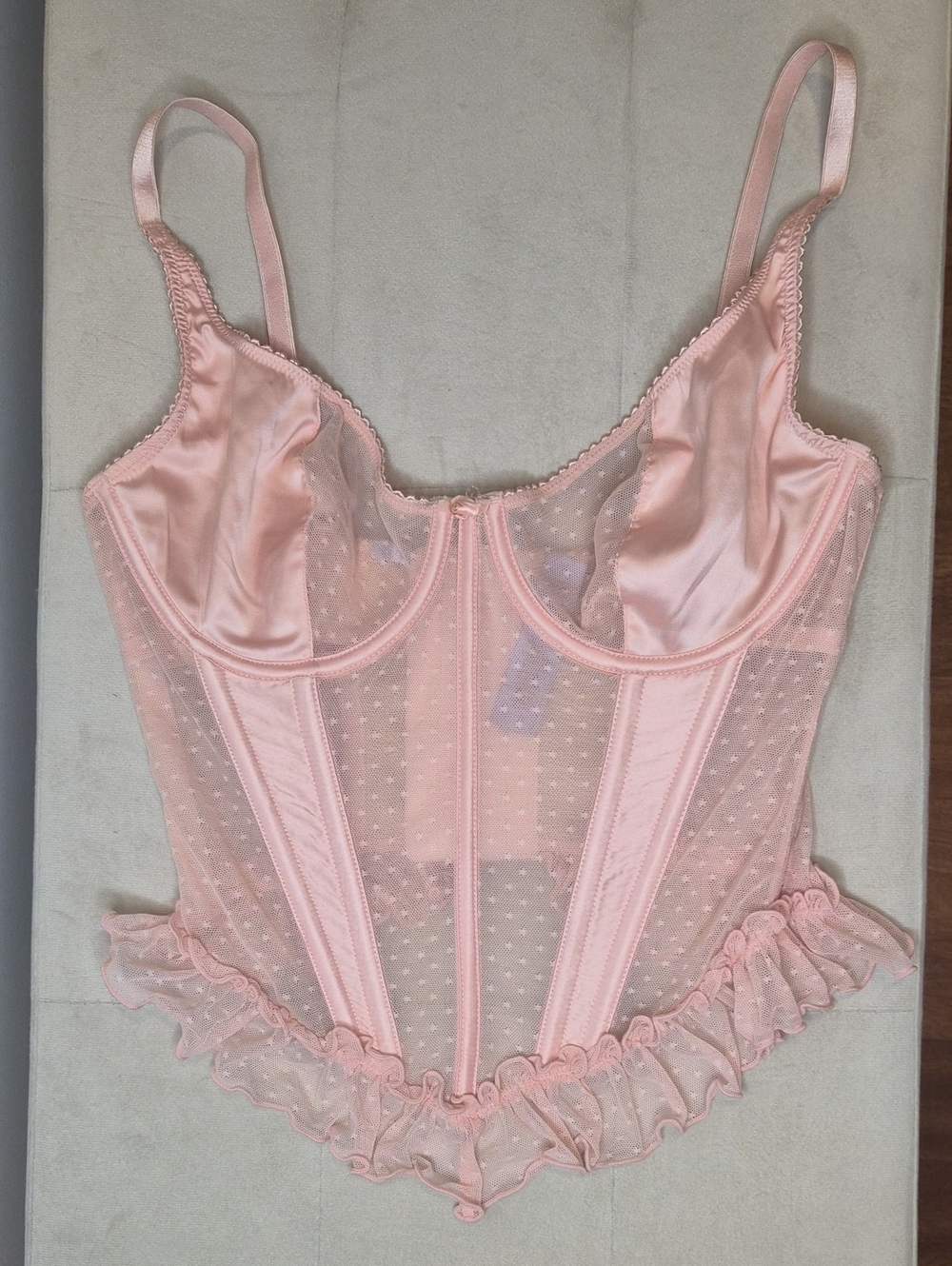 Savage X Fenty Sheer Peach Blush Pink Polka-Dot Corset Bodysuit